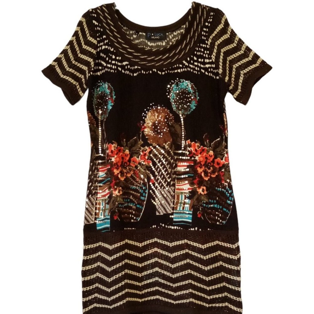 P. LUCA Milano Sweater Dress sz SMALL  Brown Floral Abstract Sequin Crochet  GUC